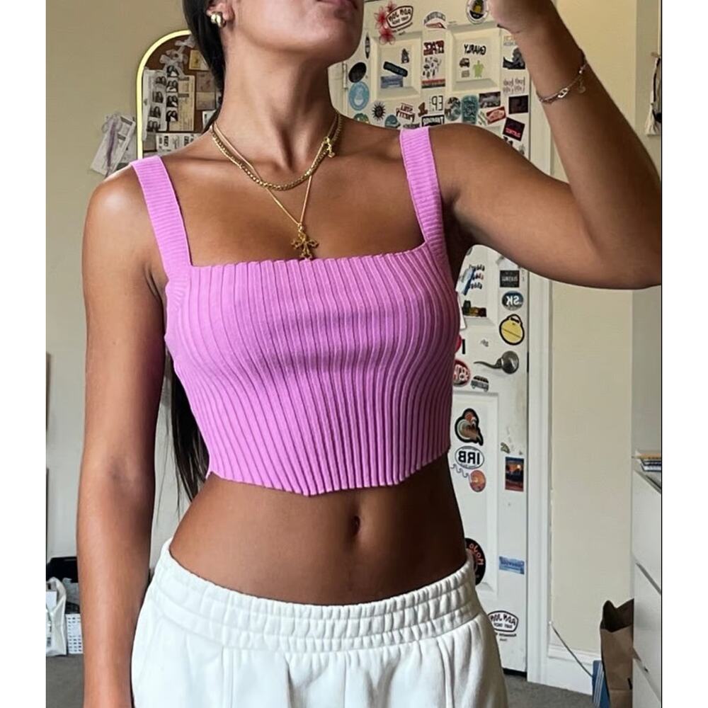Kendall & Kylie Summer Cropped Tank Pink S Ribbed Knit Wide Shoulder Strap